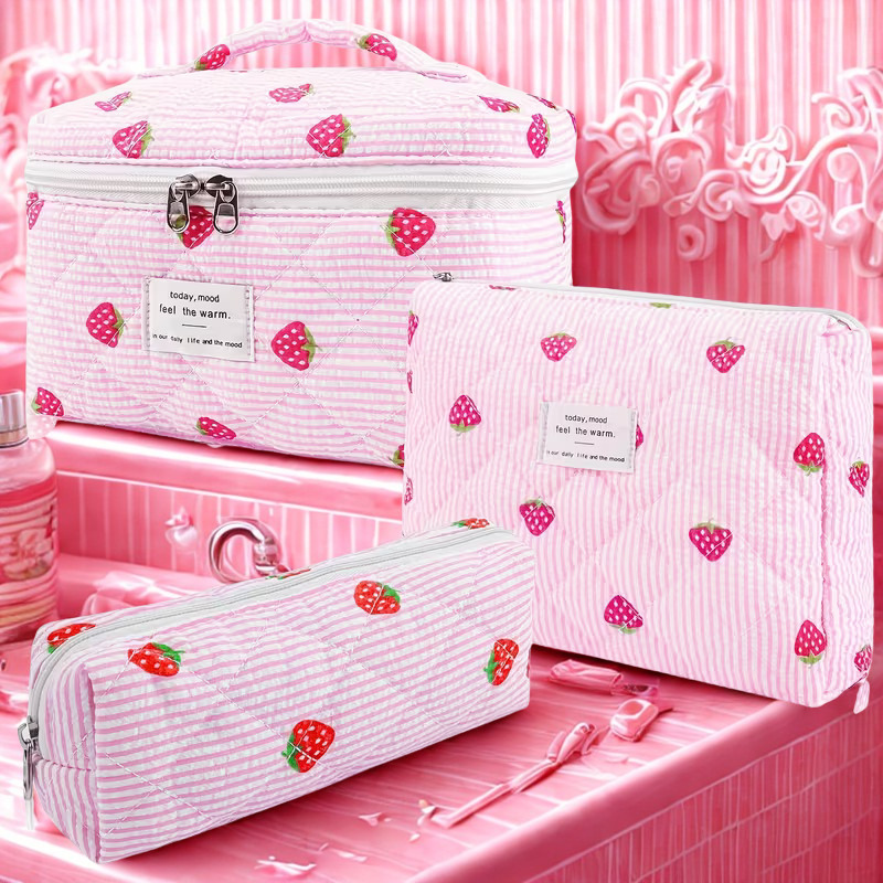 3-piece strawberry quilted makeup bag set — large train case, medium flat pouch, and small pencil bag