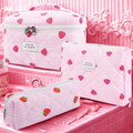 3-piece strawberry quilted makeup bag set — large train case, medium flat pouch, and small pencil bag