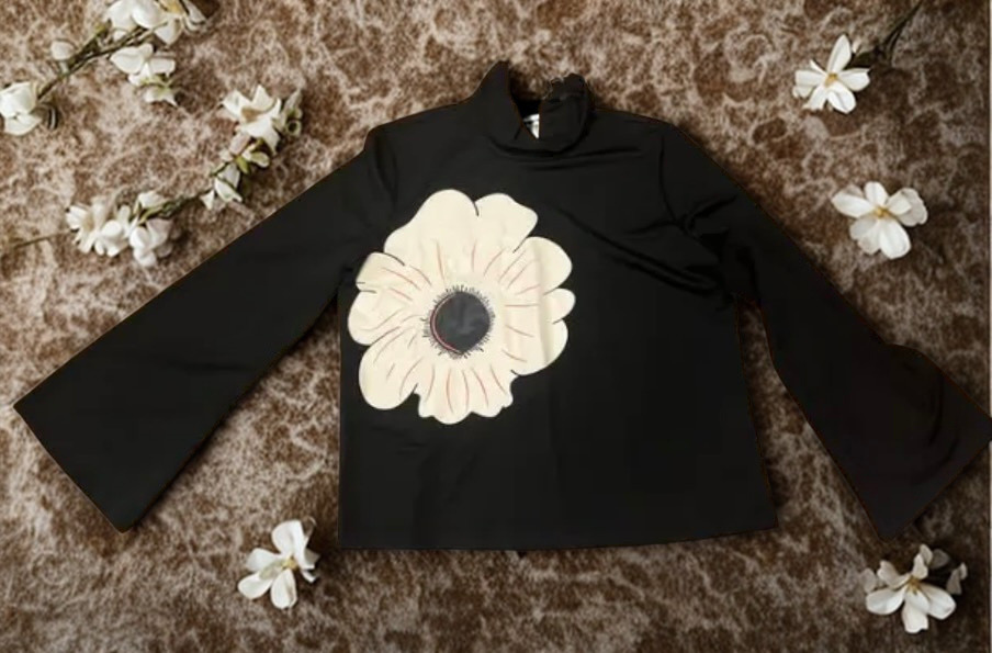 Black Floral Print High-Neck Flared-Sleeve Top