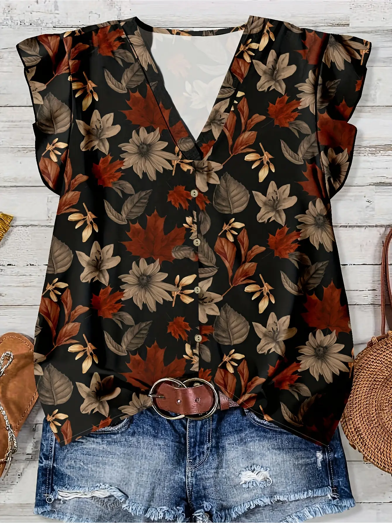 Bohemian Flutter Sleeve Blouse Floral Print Top – Burgundy & Black