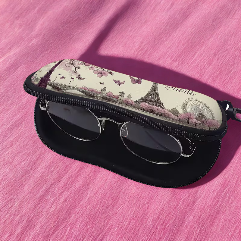 Paris Eiffel Tower Floral & Butterfly Zippered Glasses Case