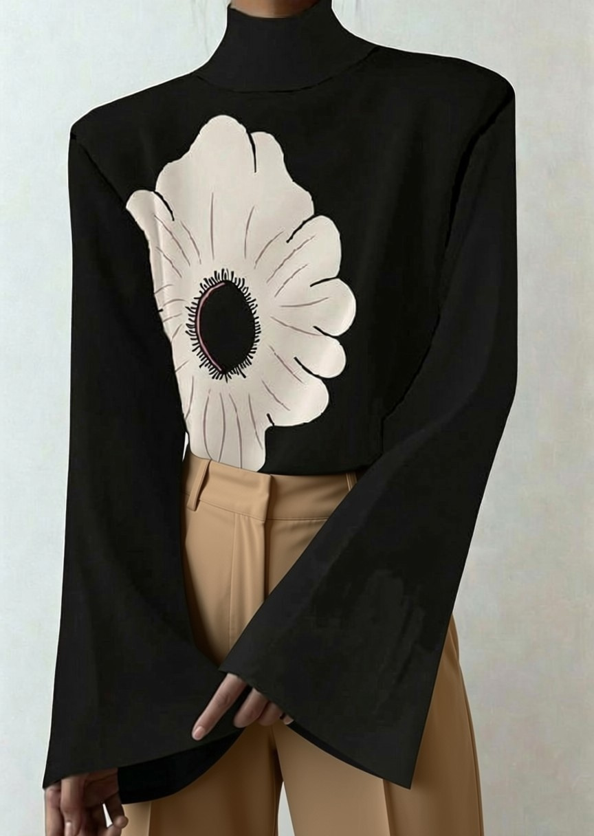 Black Floral Print High-Neck Flared-Sleeve Top