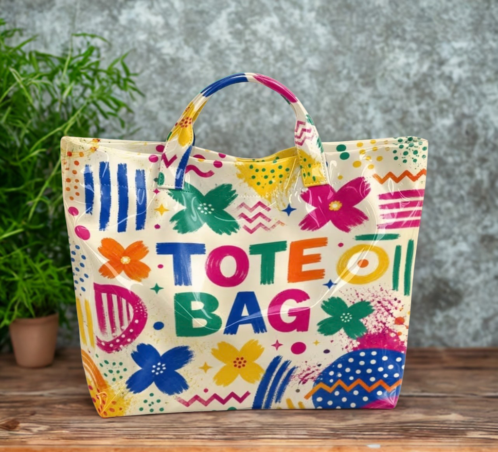 Colorful graffiti tote bag on wooden surface with greenery