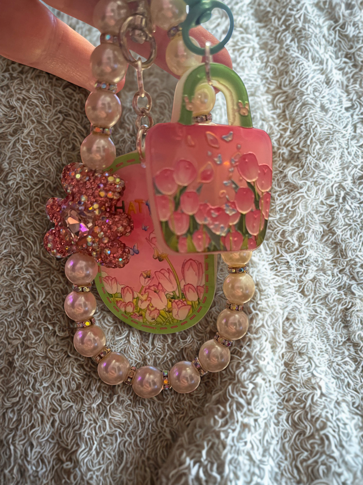 Teddy Bear Phone Charm – Pearl Beaded Strap