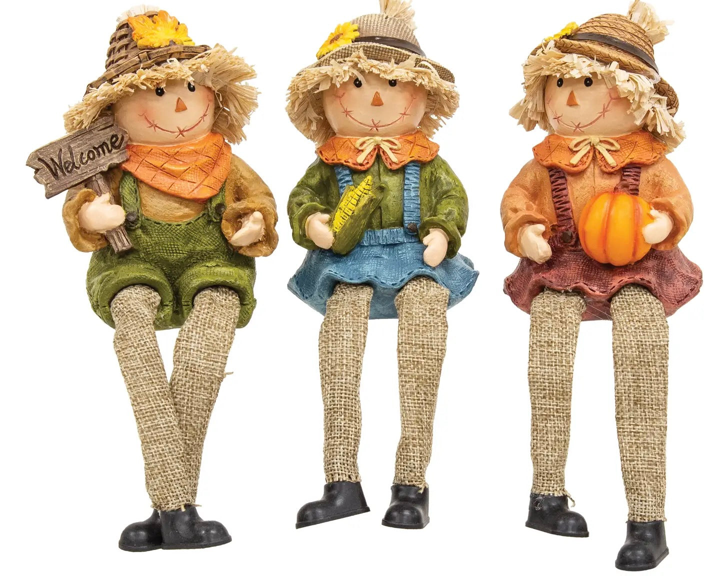 Raggedy scarecrow shelf sitter lifestyle shot with fall arrangement