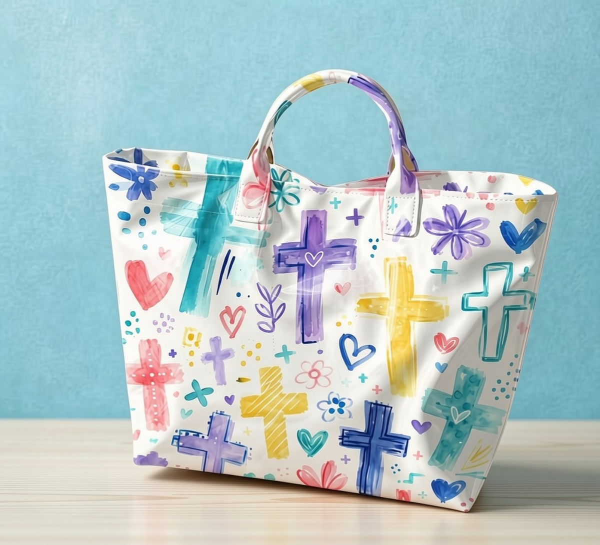 Watercolor cross PVC tote bag on light blue background – side angle view