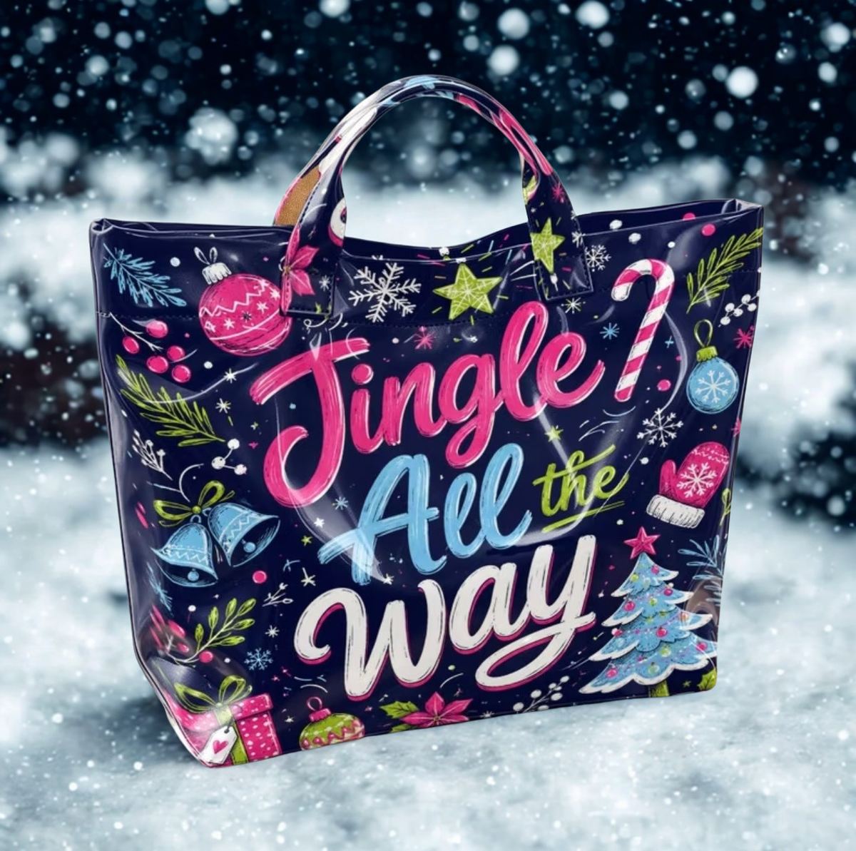 Jingle All the Way tote bag in falling snow – front view