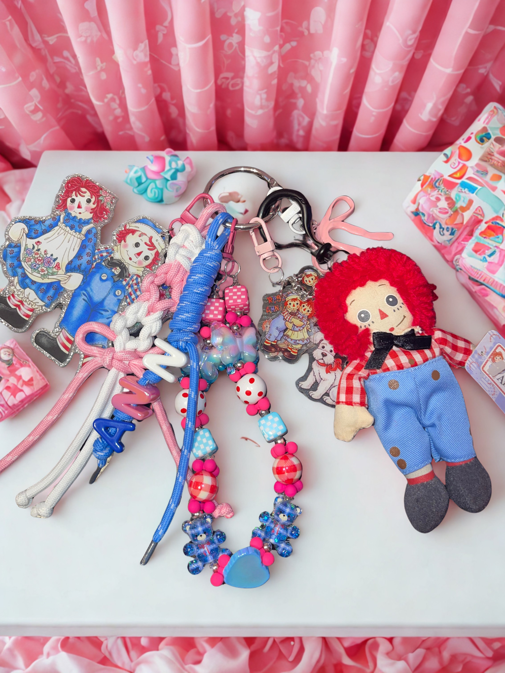 Rag Doll Pink Loaded Bag Charm – Paracord Keychain with Blue Bear & Arthur Dog Accents