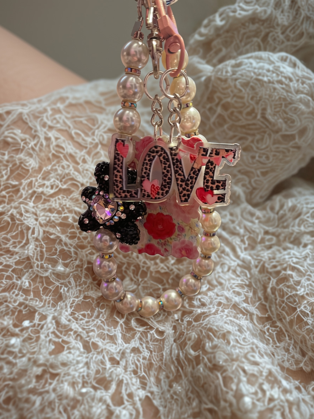 Teddy Bear Phone Charm – Pearl Beaded Strap