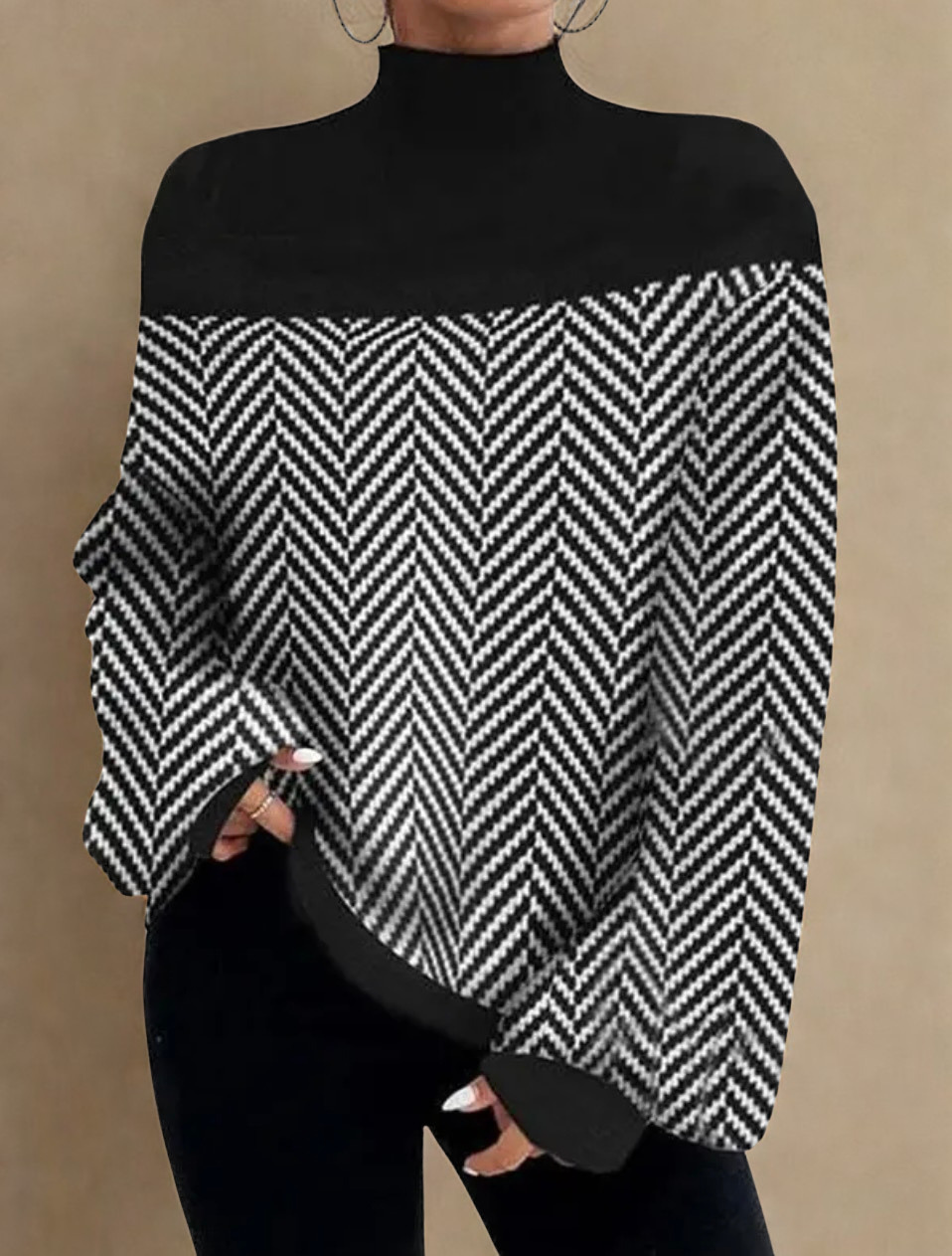 Black & Cream Chevron High-Neck Knit Pullover