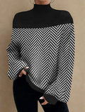 Black & Cream Chevron High-Neck Knit Pullover