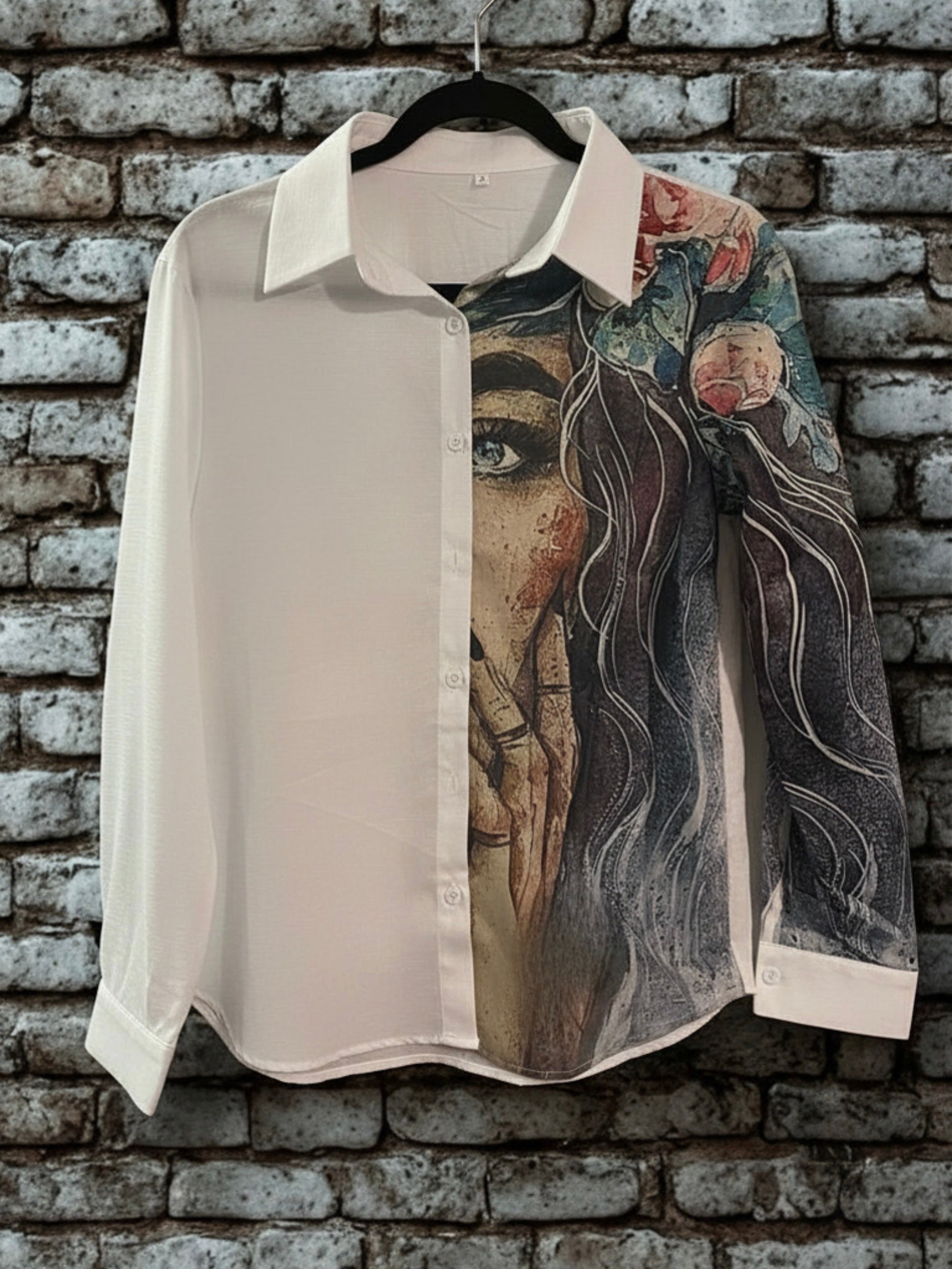 Asymmetric floral art print blouse in cream/natural - worn lifestyle shot front