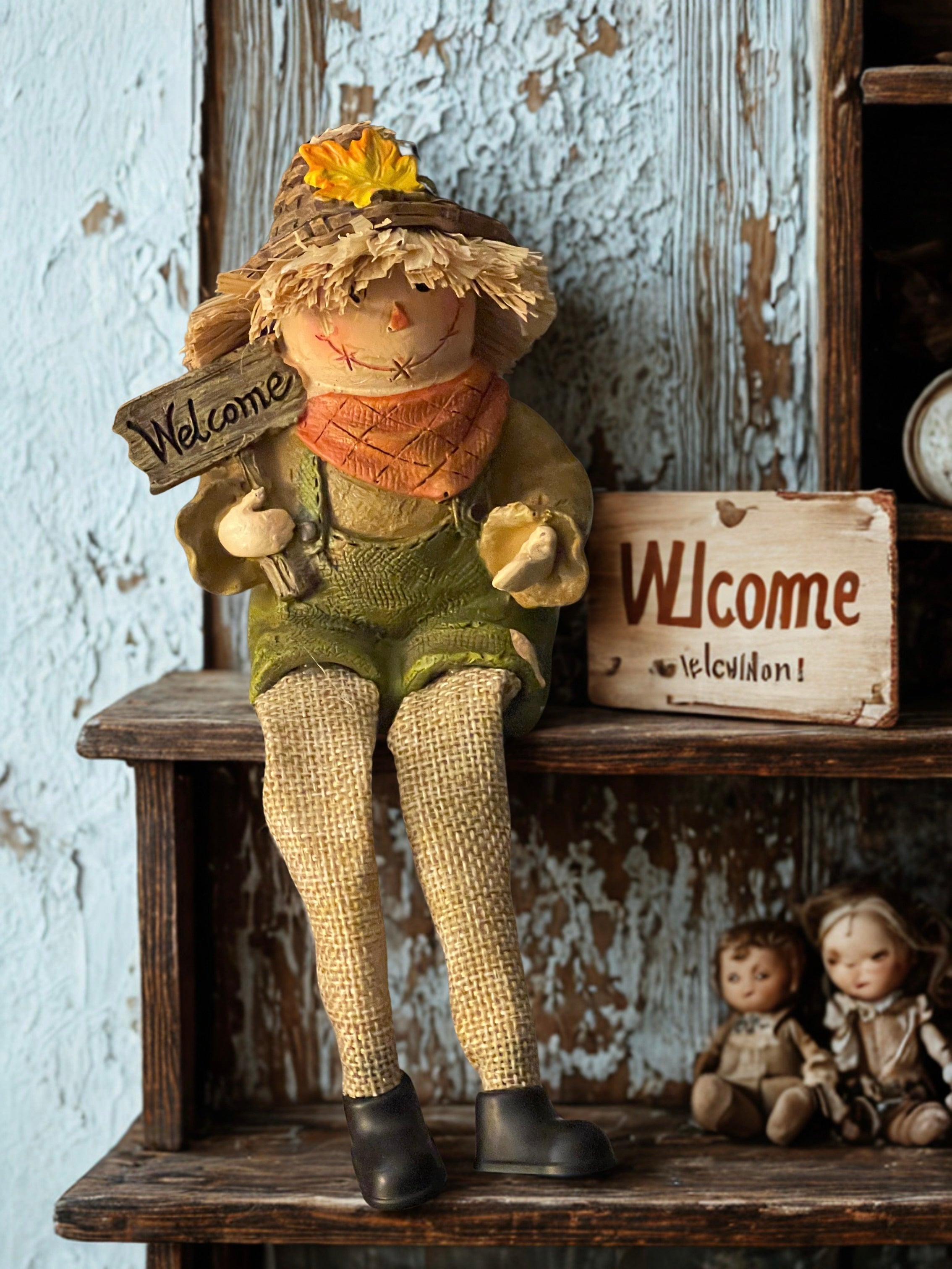 All three raggedy scarecrow dangle leg shelf sitters on white background - Welcome, Corn, and Pumpkin styles