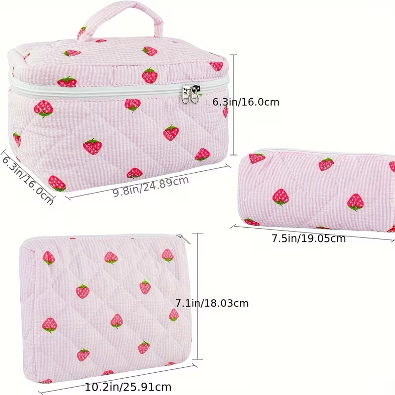 Strawberry quilted makeup bag set dimensions — large 9.8x6.3in, medium 10.2x7.1in, small 7.5in