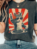 Retro DJ Cat Print Crew Neck Pullover T-Shirt