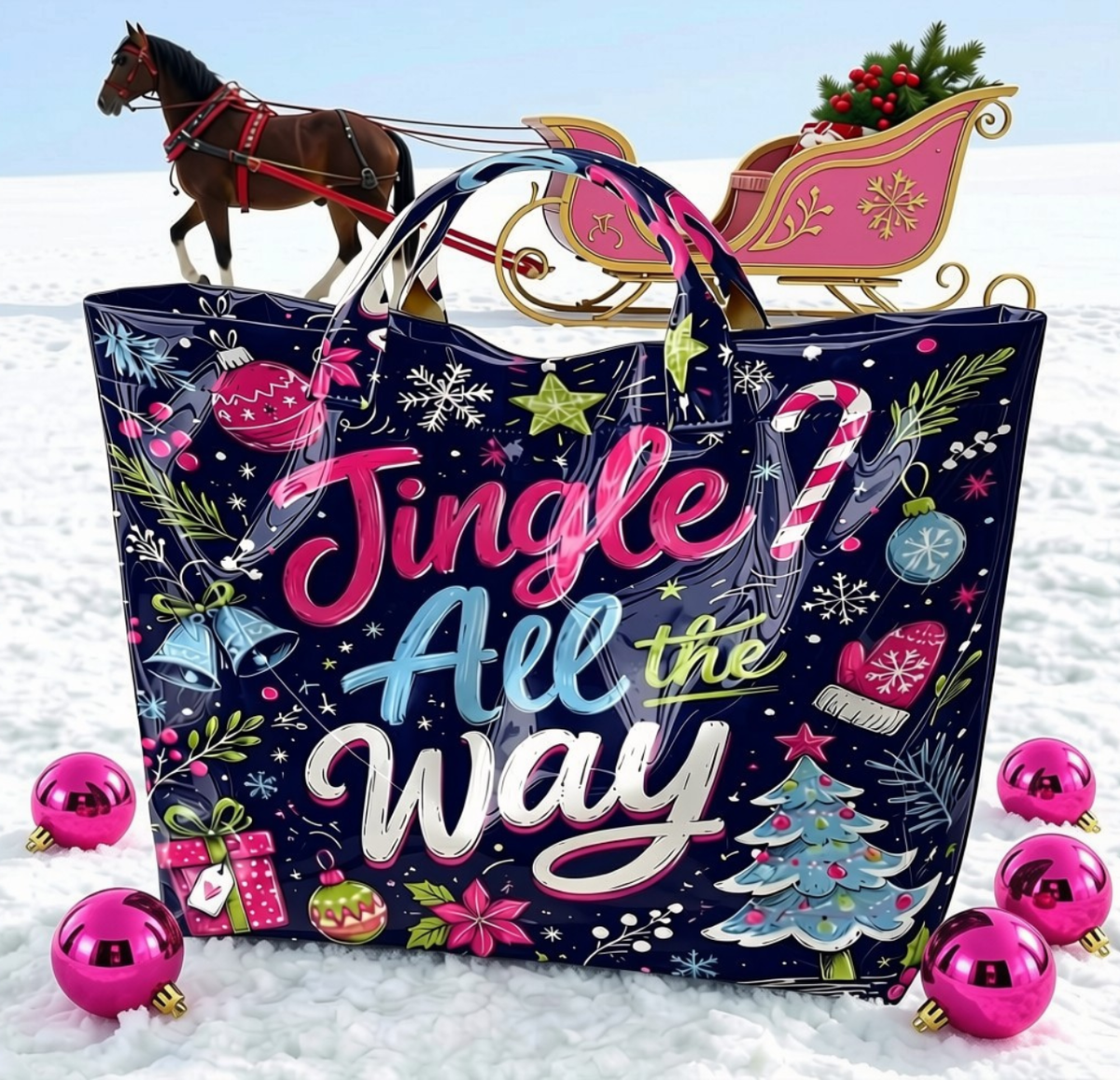 Oversized Jingle All the Way Christmas tote bag in snow surrounded by pink ornaments with horse-drawn sleigh