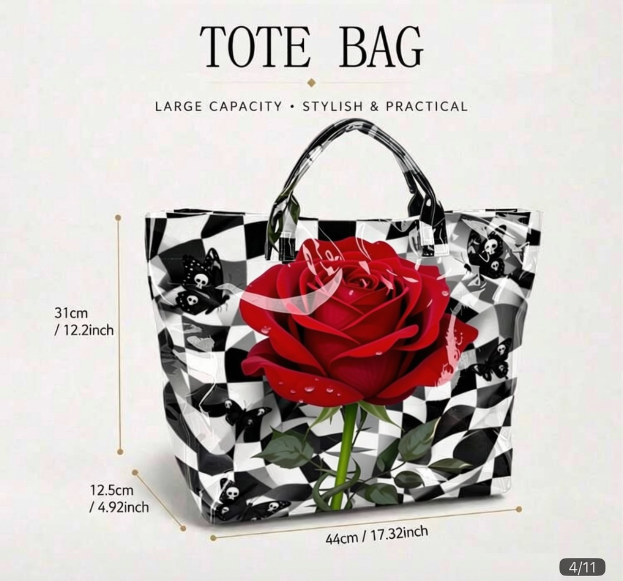 Gothic Rose Checkered Print Tote Bag – Large Glossy PVC Shoulder Bag