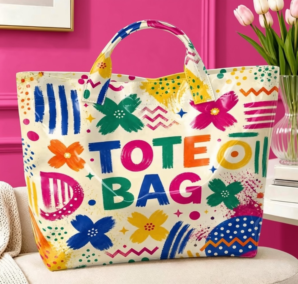 Colorful graffiti tote bag styled with pink wall and flowers
