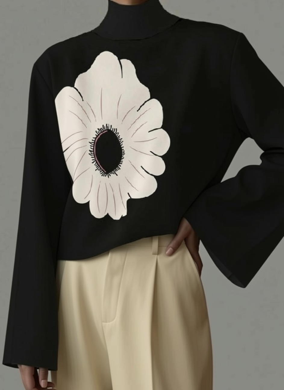 Black Floral Print High-Neck Flared-Sleeve Top