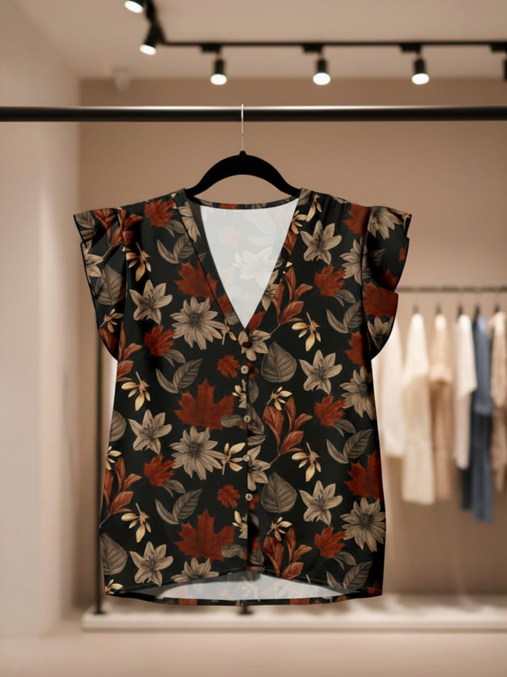 Bohemian Flutter Sleeve Blouse Floral Print Top – Burgundy & Black