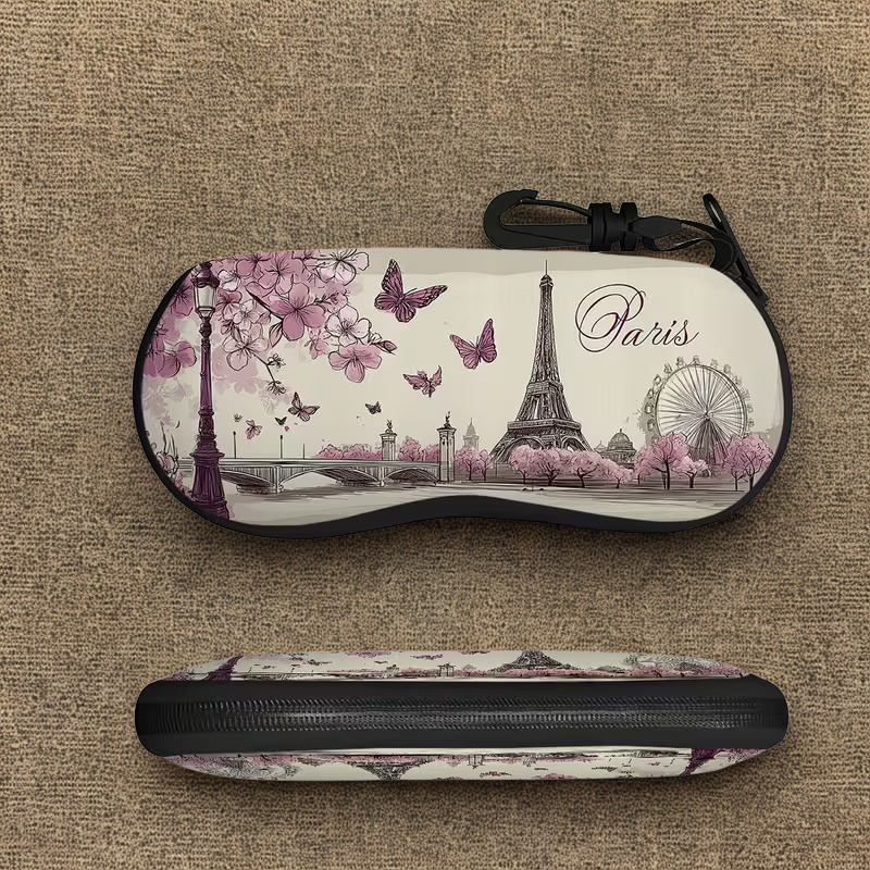 Paris Eiffel Tower Floral & Butterfly Zippered Glasses Case