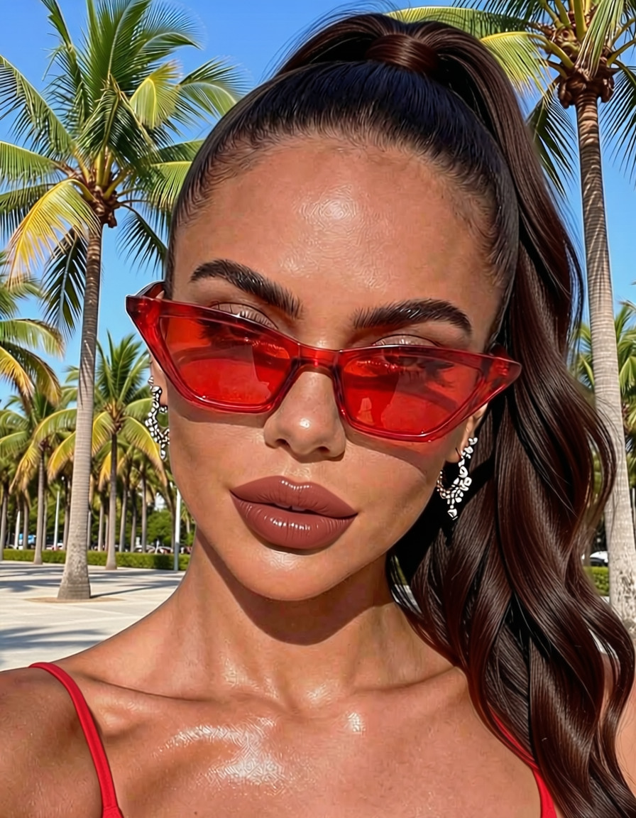 Cherry Bomb Cat Eyes worn by model with palm trees in background