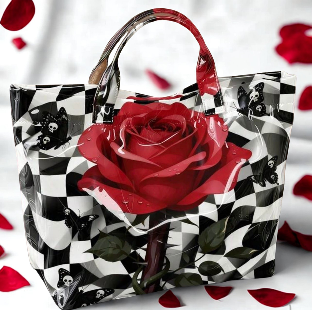 Gothic Rose Checkered Print Tote Bag – Large Glossy PVC Shoulder Bag