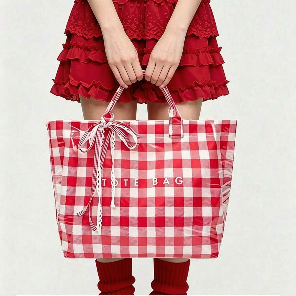 Red Plaid Gingham Tote Bag – Large PVC Travel & Shopping Bag with Bow Detail