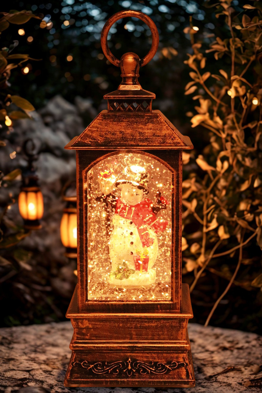 Vintage Christmas Glitter Lantern | Rotating Snow Globe | Music & Antique Bronze LED