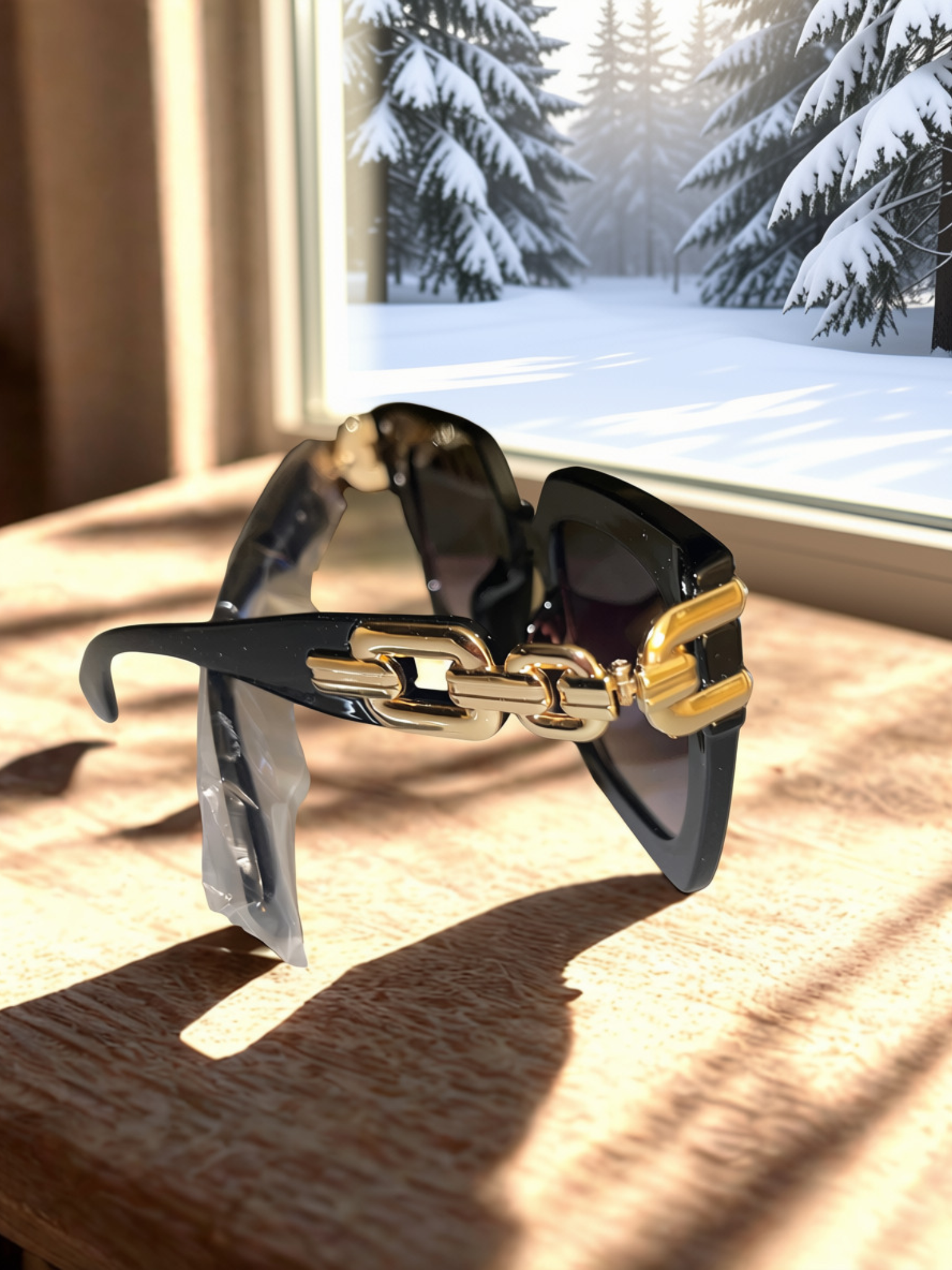 Black Ice Sunglasses held up in snow showing gradient lenses
