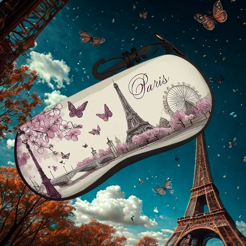 Paris Eiffel Tower Floral & Butterfly Zippered Glasses Case