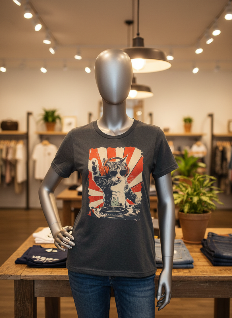 Retro DJ Cat Print Crew Neck Pullover T-Shirt