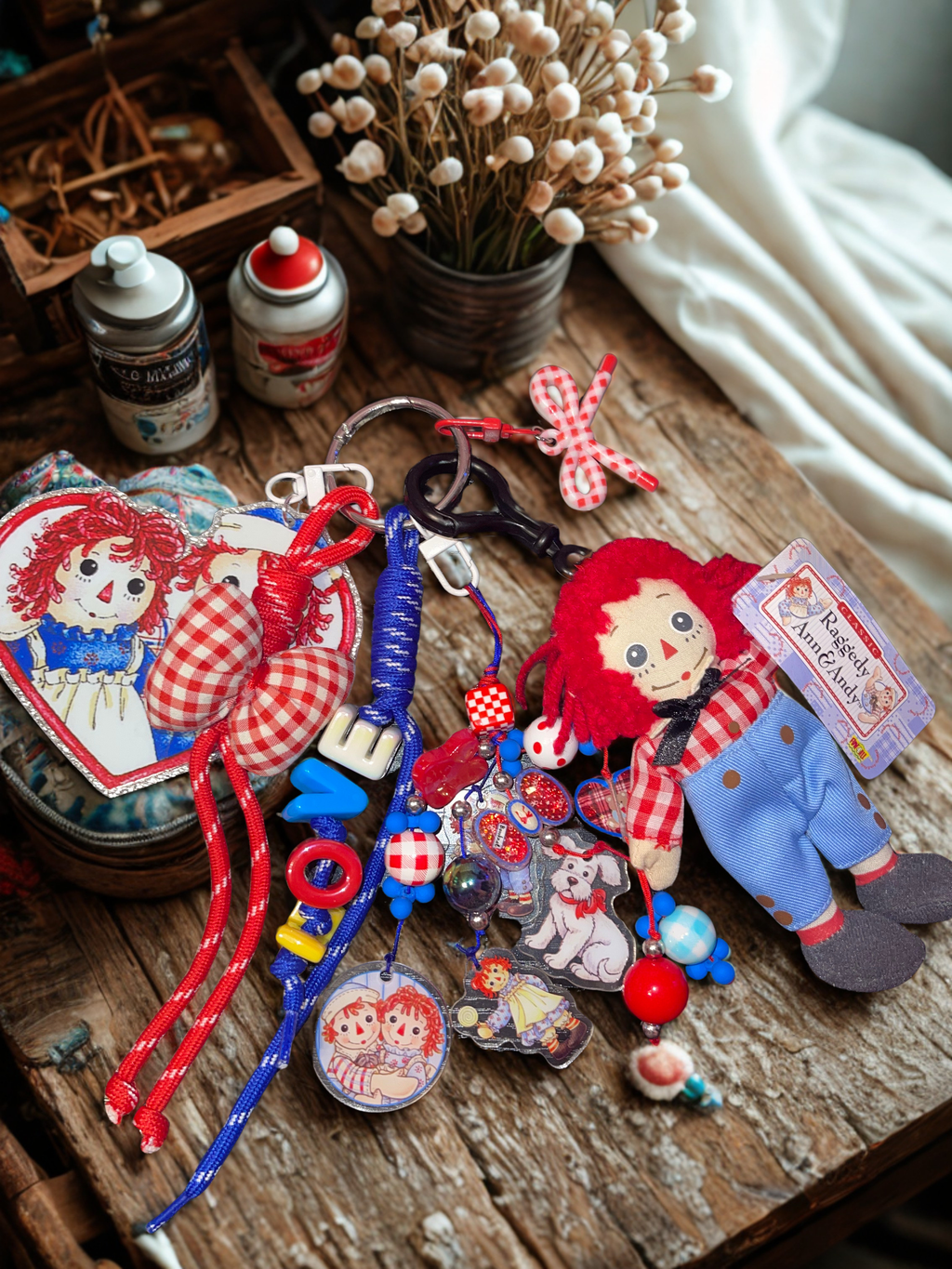 Rag Doll Plush Loaded Bag Charm – Chunky "LOVE" Paracord Keychain with Gingham Accents