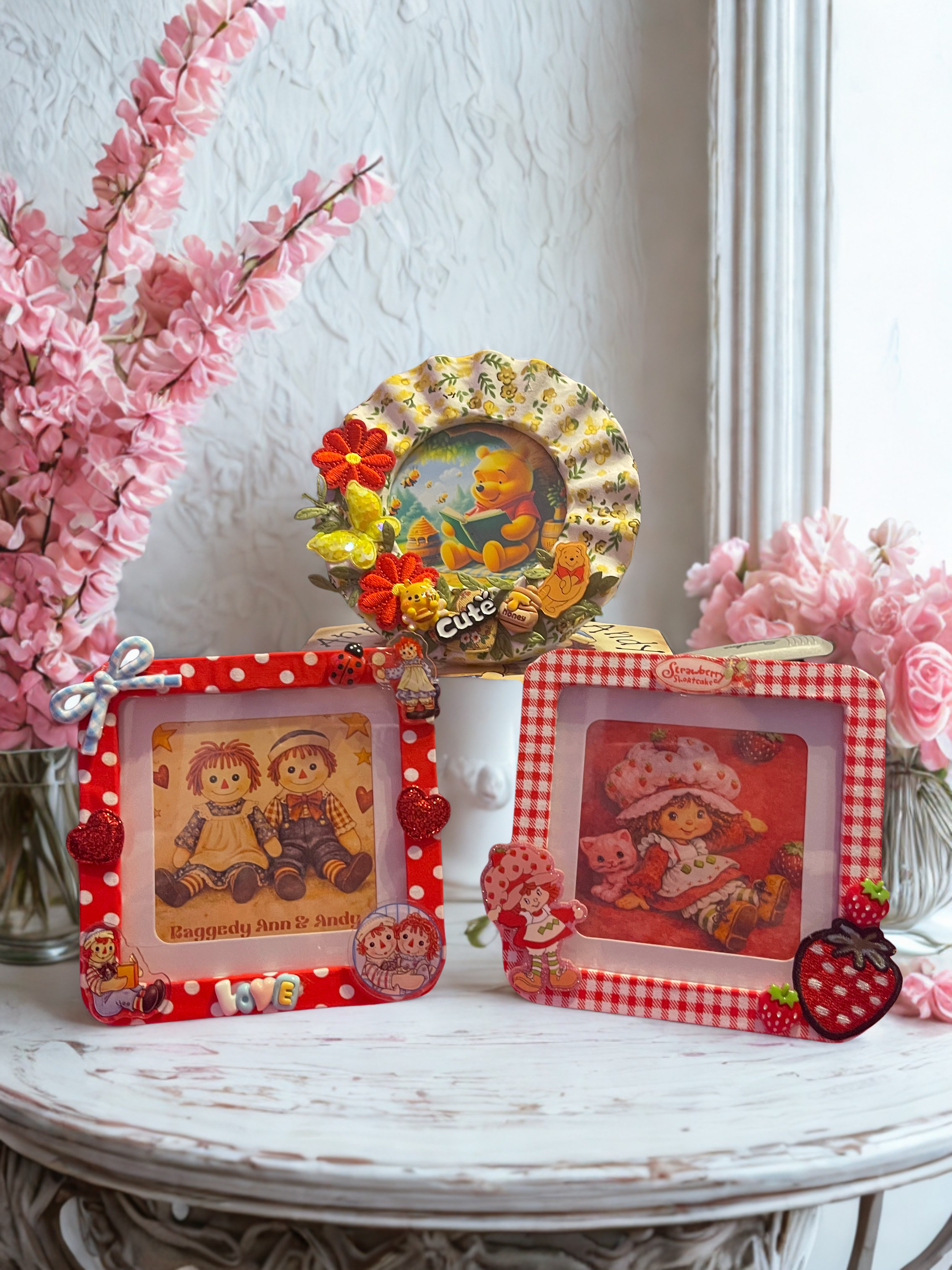 Embellished Character Photo Frame - Handmade Fabric & Bead Decorated Frame in Strawberry Shortcake, Raggedy Ann & Pooh, Unique Gift