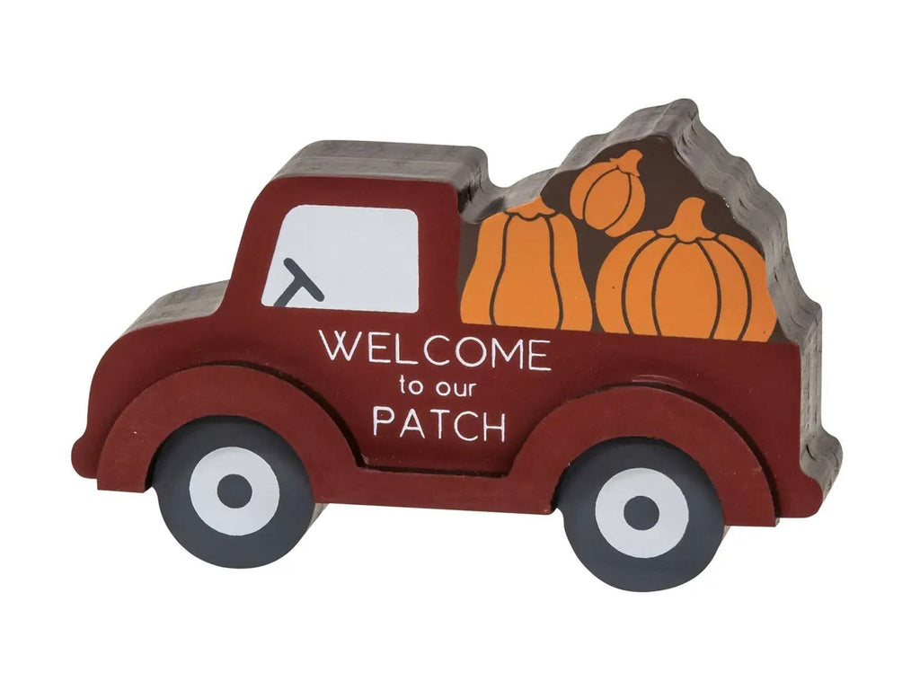 Welcome to Our Patch red truck chunky sitter product shot on white background