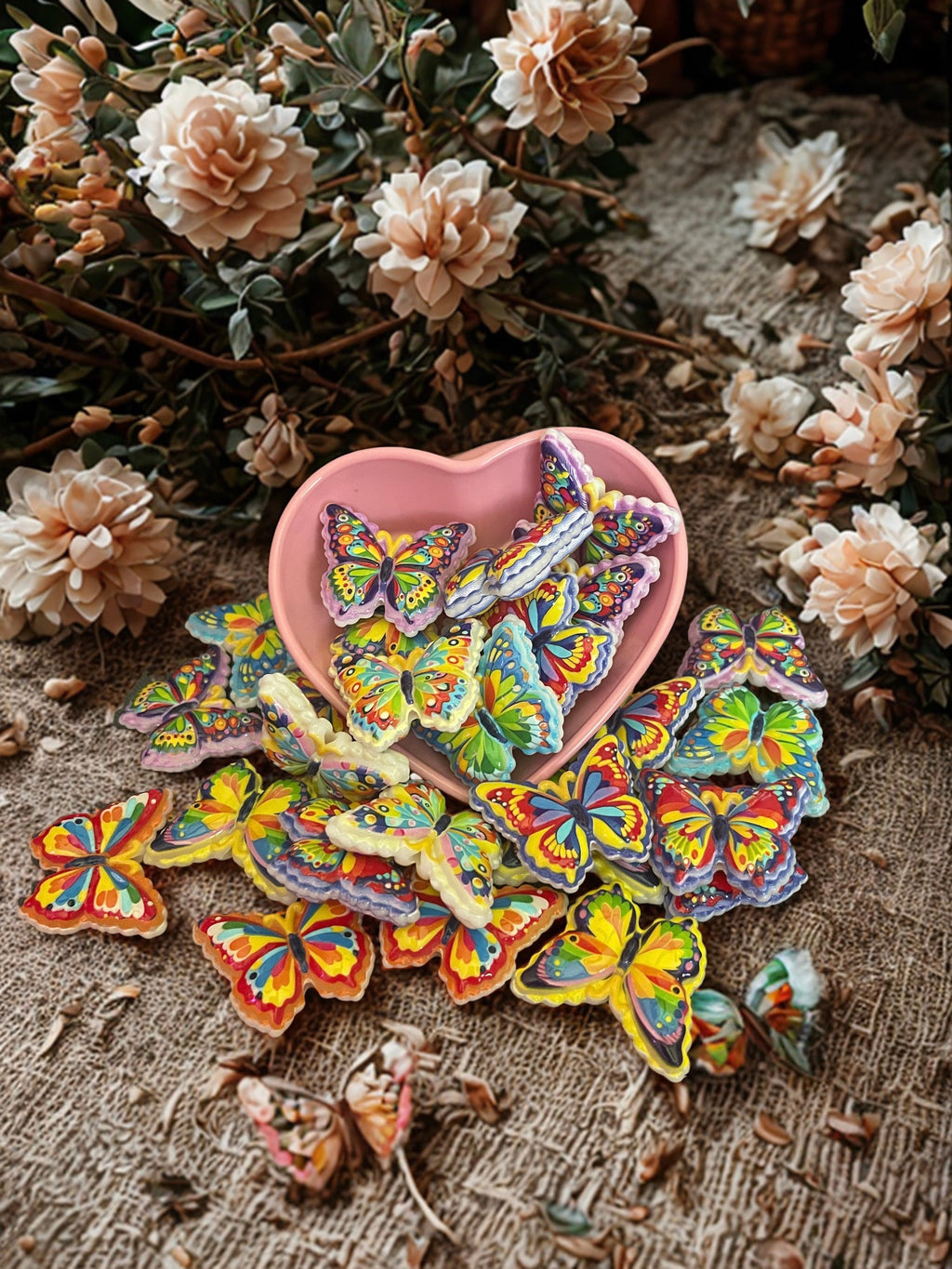 Rainbow butterfly beads in a pink heart bowl surrounded by dried flowers