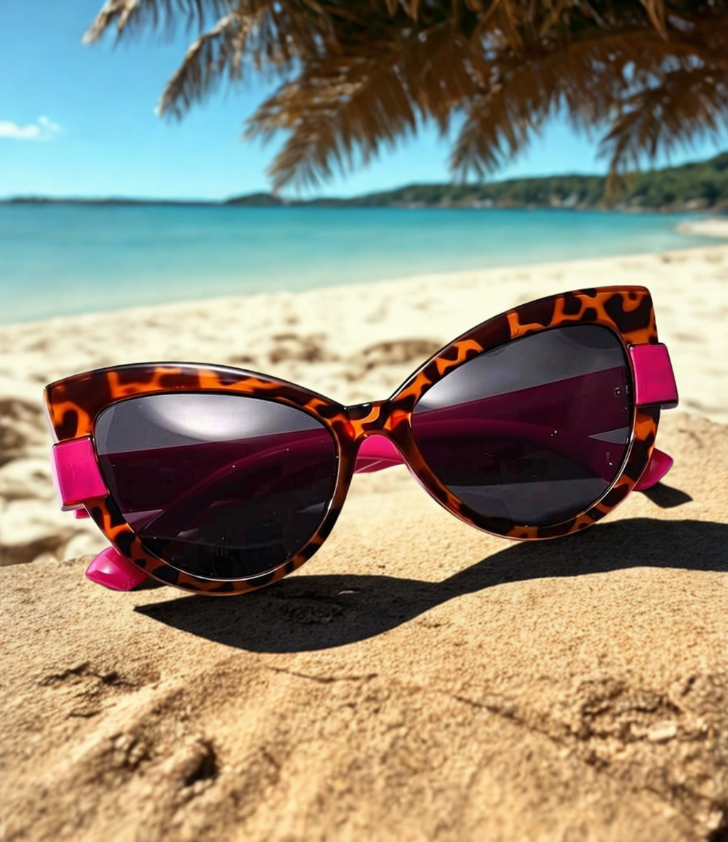 Leopard Kiss Cat Eye Sunglasses on sand at beach