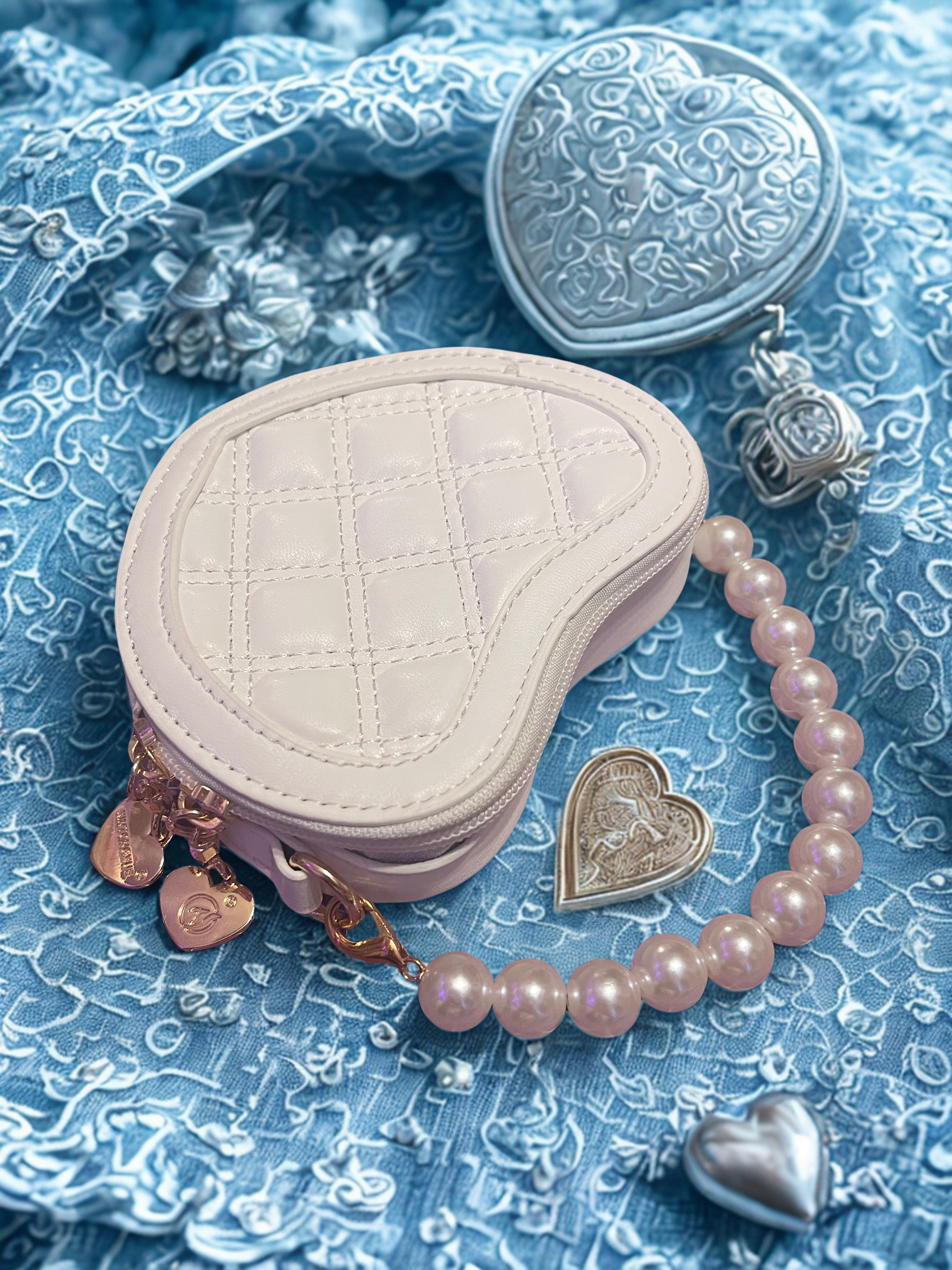 Mini Embroidered Heart Shaped Crossbody with Faux Pearl Handle - Selective Find