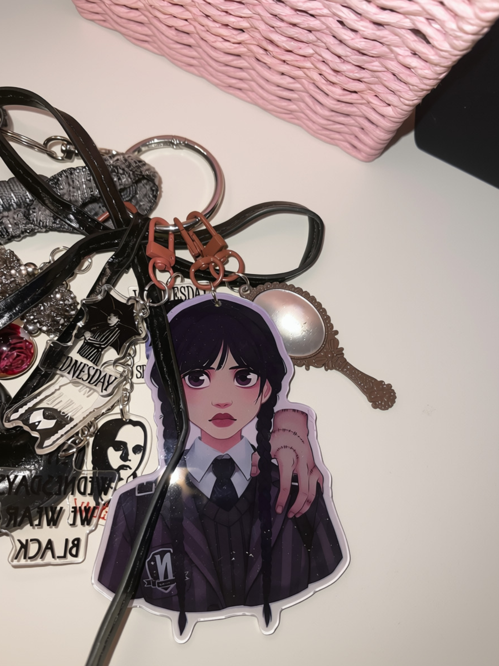 Creepy-Cute Gothic Girl Bag Charm Cluster – Spooky Acrylic Character Purse Accessory