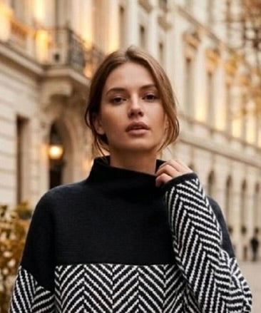 Black & Cream Chevron High-Neck Knit Pullover