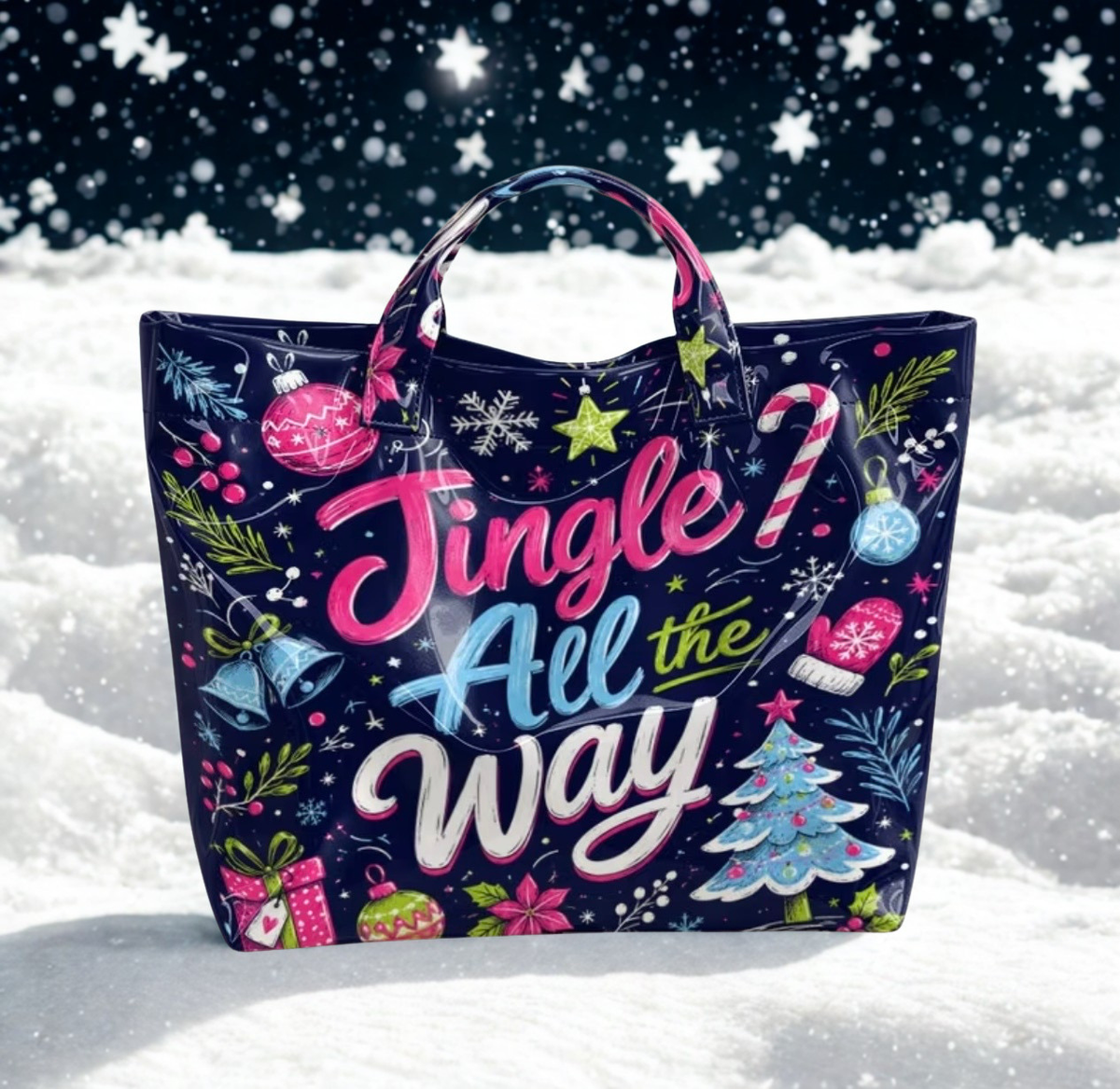 Jingle All the Way tote bag in snow at night with star-filled sky