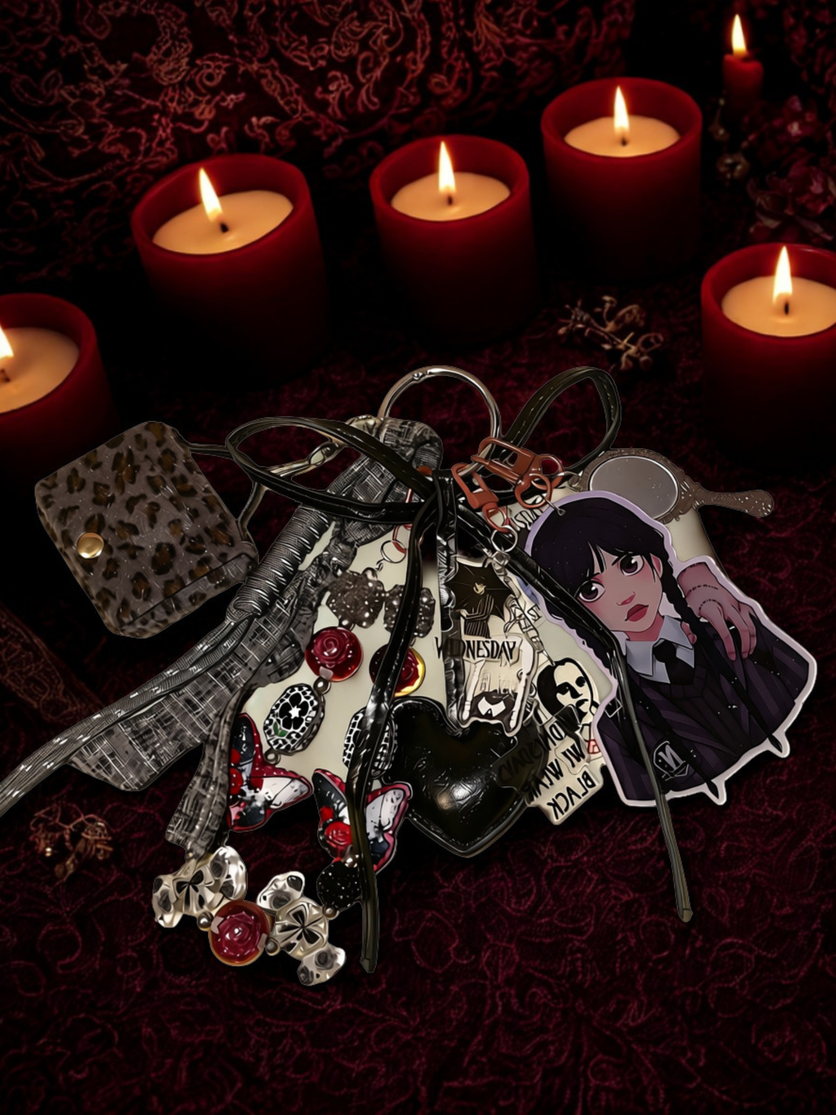 Creepy-Cute Gothic Girl Bag Charm Cluster – Spooky Acrylic Character Purse Accessory