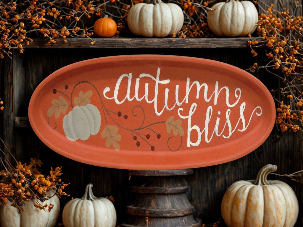 Autumn Bliss oval tray on rustic ladder shelf with fall foliage and orange pumpkin