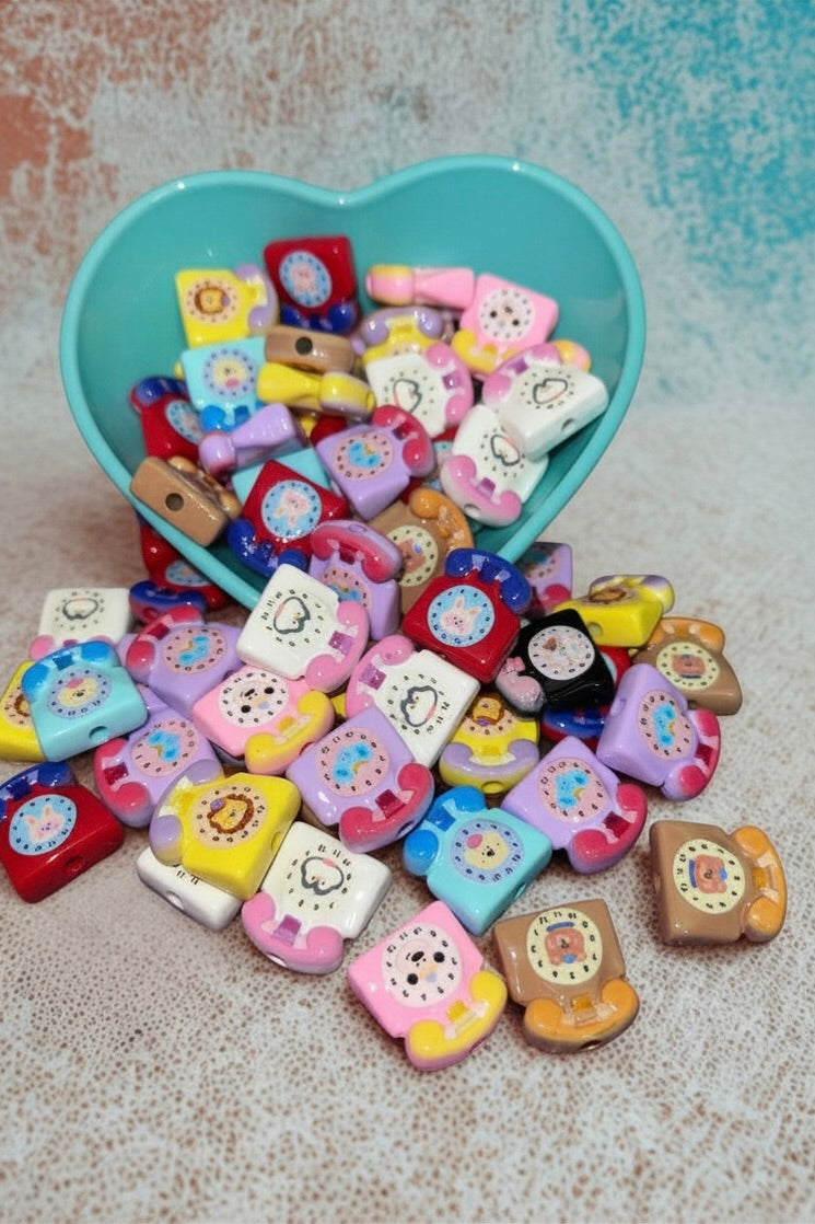Kawaii rotary phone bead charms teal heart bowl