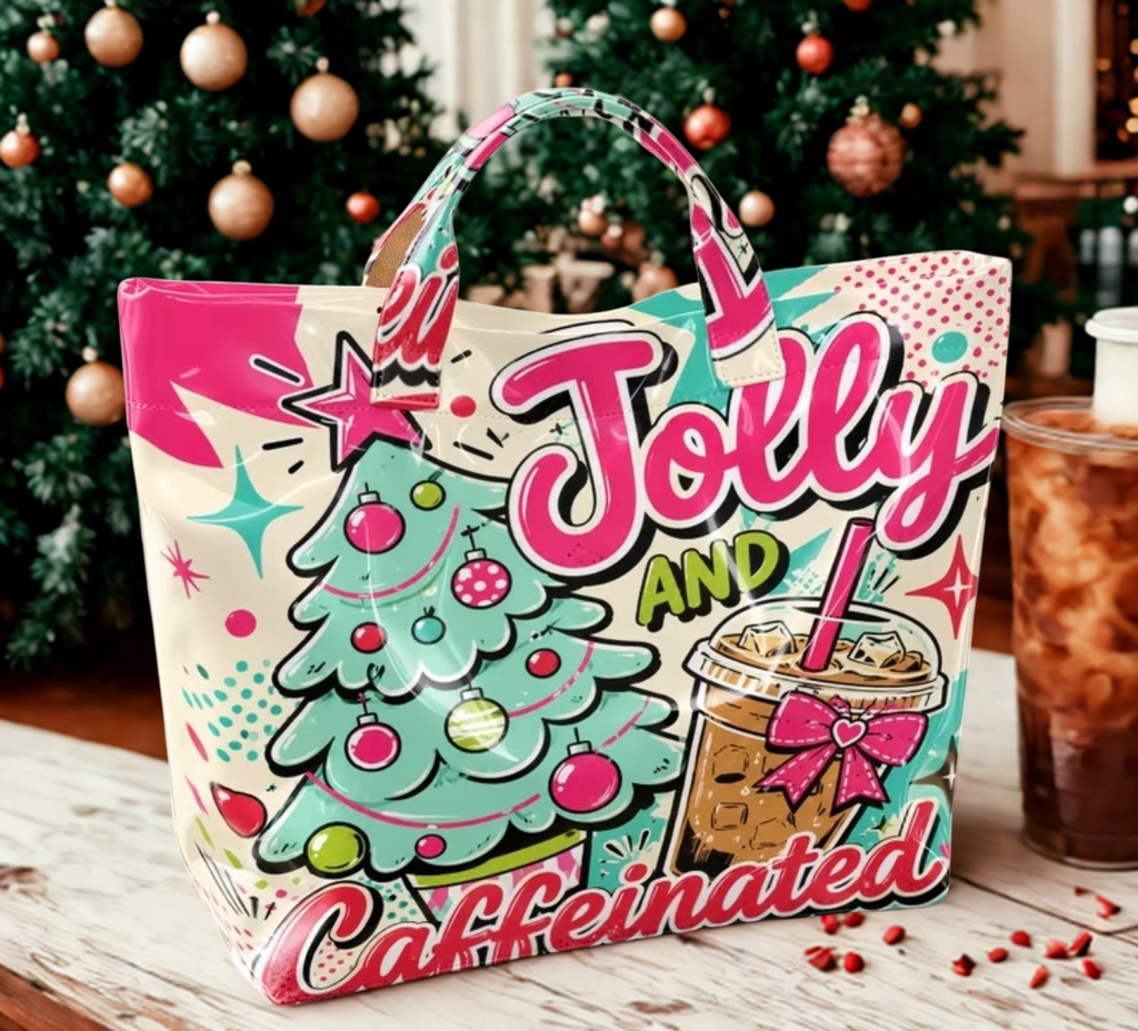 Jolly and Caffeinated tote bag styled next to iced coffee on a Christmas decorated table