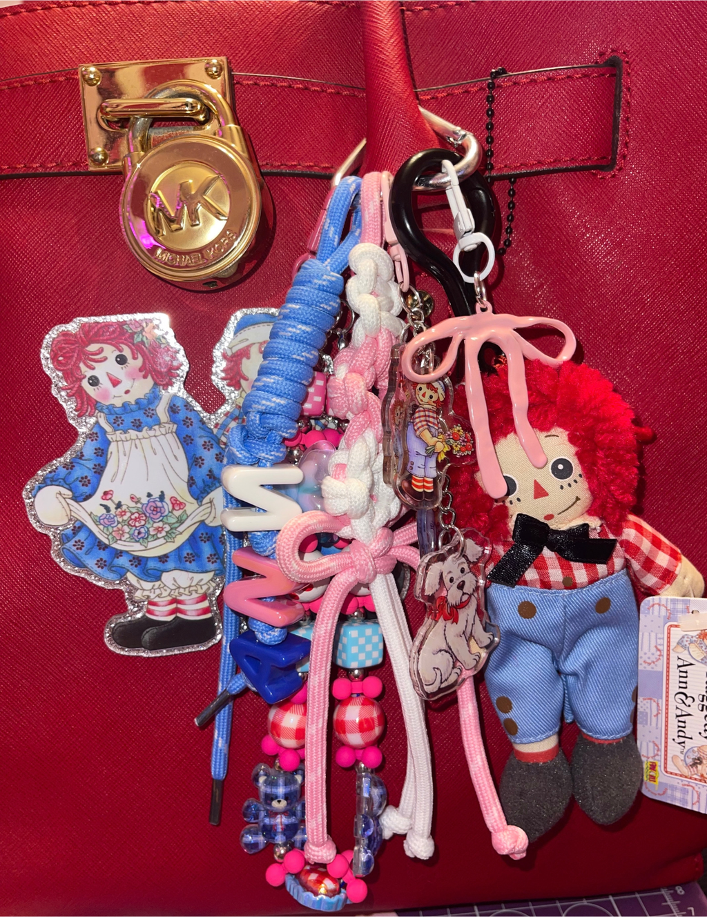 Rag Doll Pink Loaded Bag Charm – Paracord Keychain with Blue Bear & Arthur Dog Accents