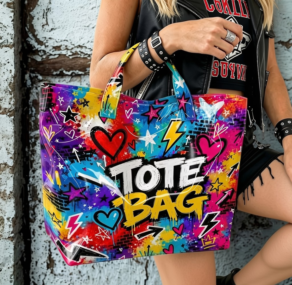 Model carrying graffiti heart tote bag – street style