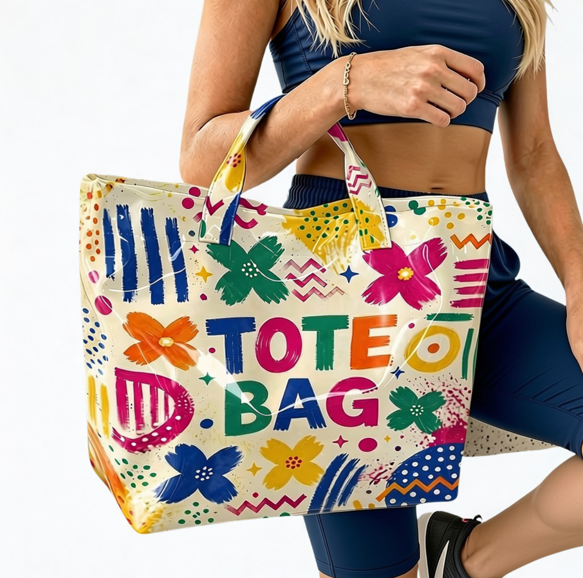 Model carrying colorful graffiti tote bag