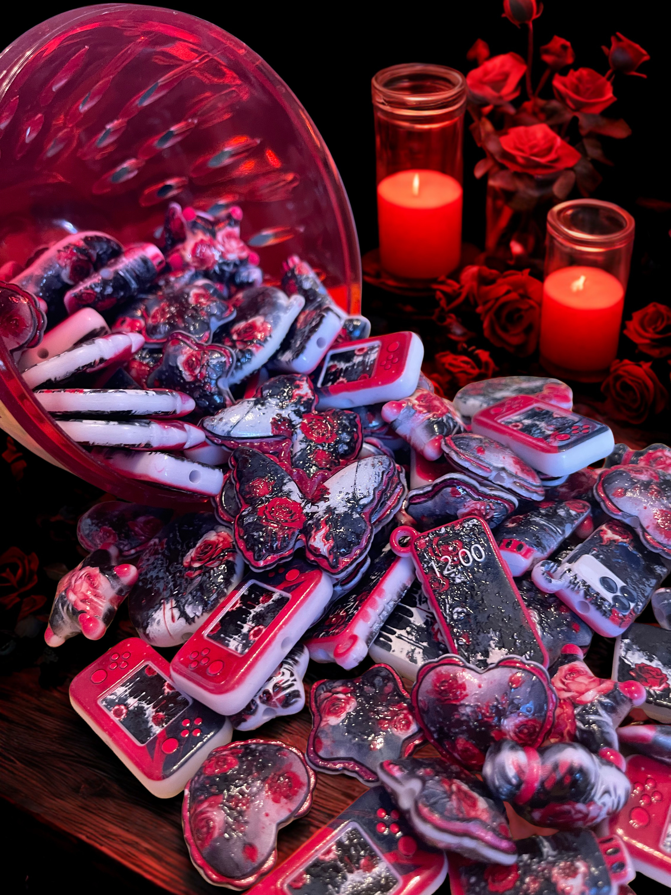 Black & Red Rose Beads | Gothic Floral Acrylic Fashion Beads