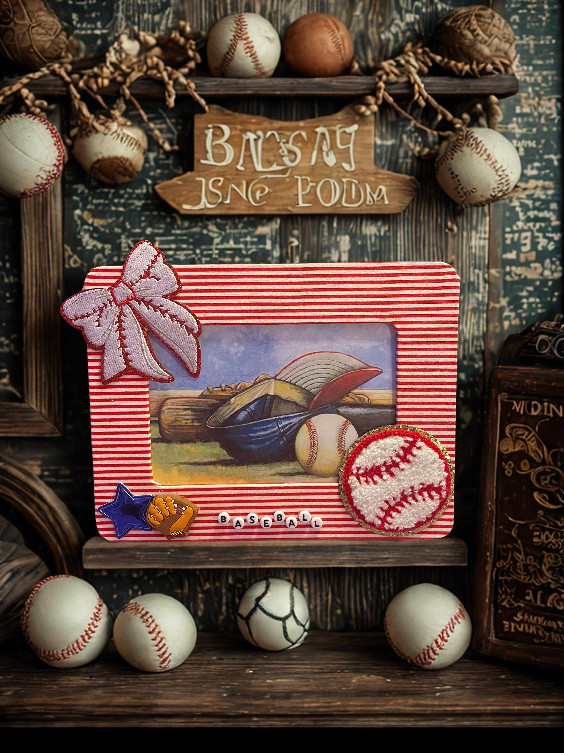 Embellished Sports Photo Frame - Handmade Fabric & Bead Decorated Wood Frame, 4x6 Photo, Sports Fan Gift